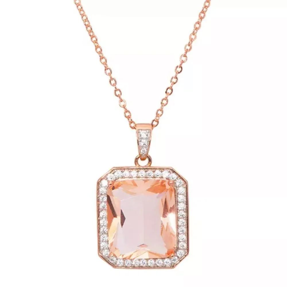 Rose Gold Plated Simulated Morganite Octagon Pendant 18” long Necklace